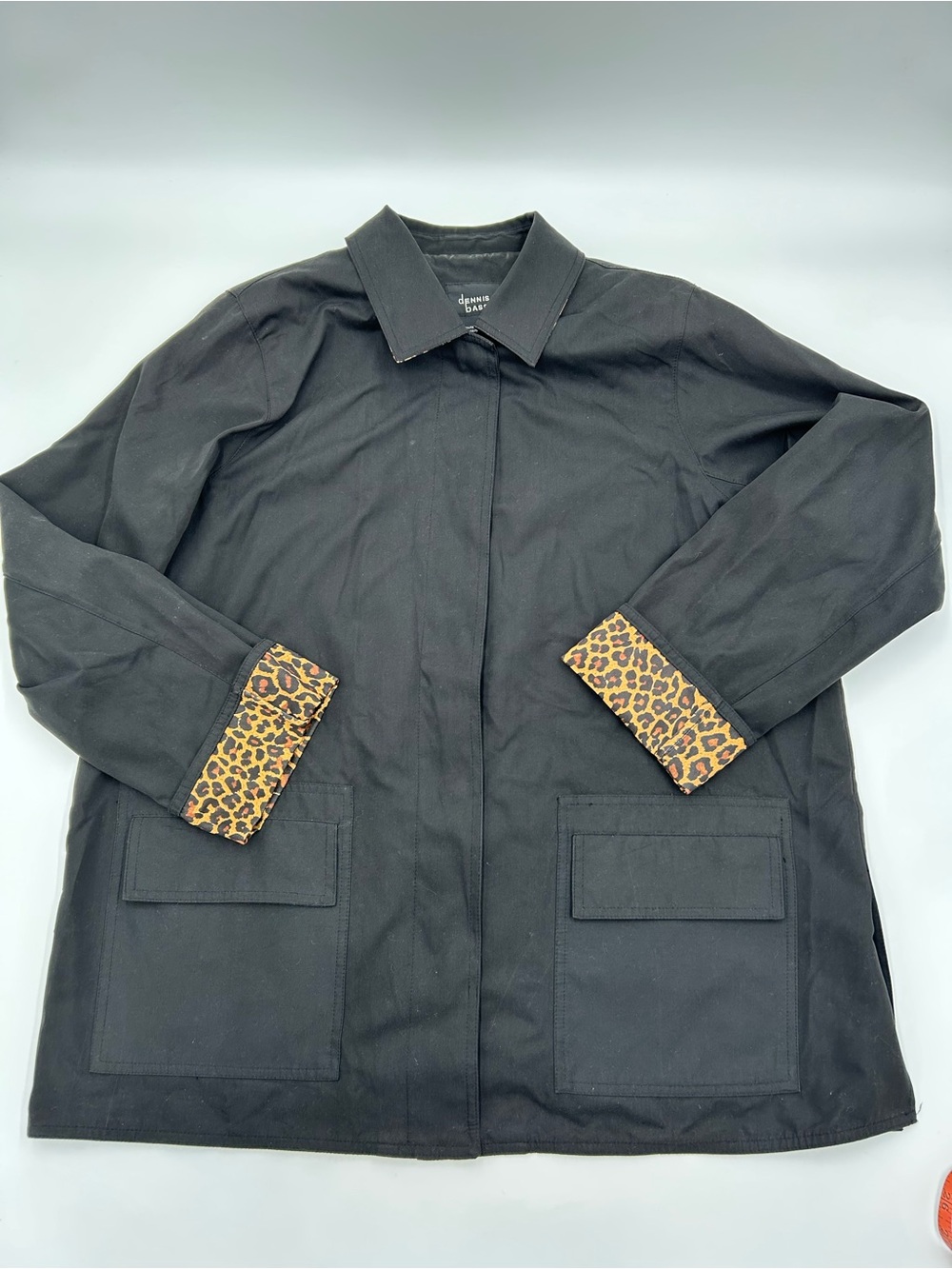dennis basso Black Trench Coat with Leopard Cuff & Lining  Detail L